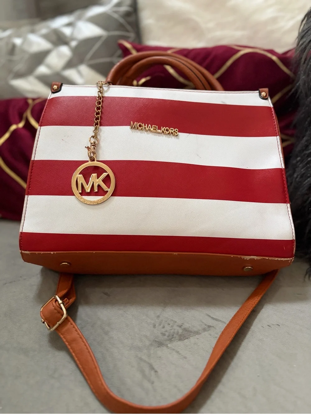 Michael Kors Red & White Striped Crossbody with Tan Trim